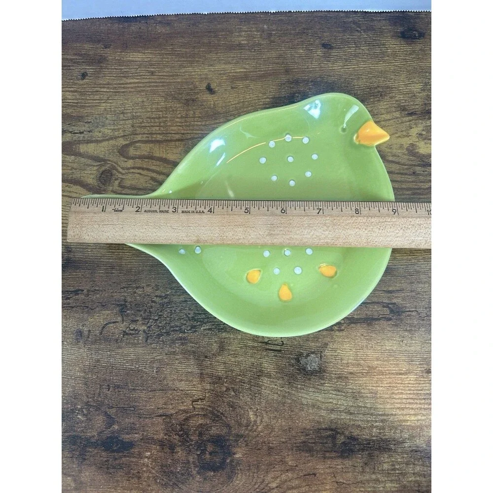 Pier 1 Imports Green Bird Ceramic Colander Trinket Dish Hand Painted Decor VTG